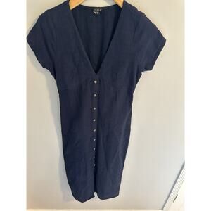 Venus Navy Blue Button Front Dress Women M V Neck Fitted Casual Cottagecore